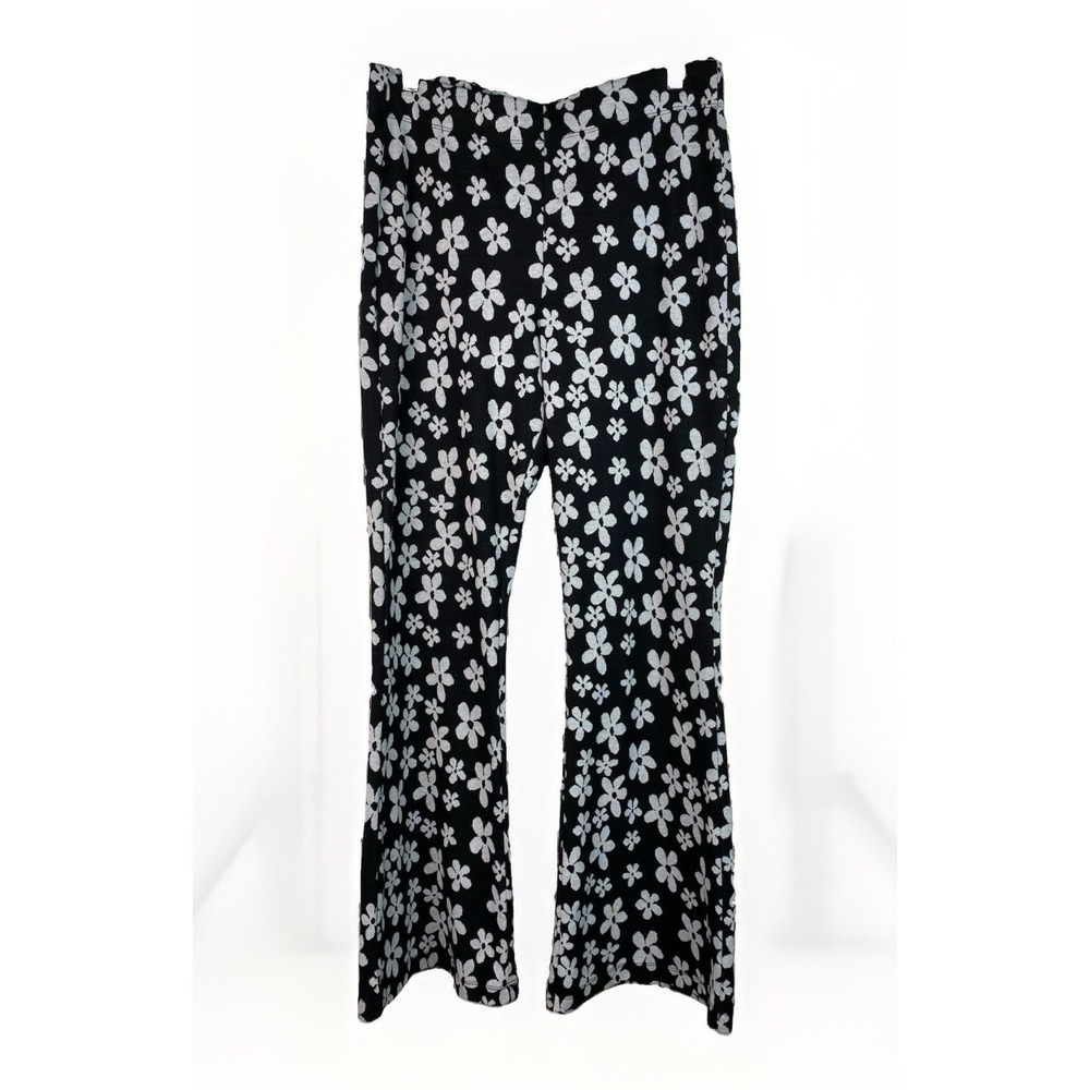 Urban Outfitters XL Black White Floral Flare Leg Elastic Waist Knit Pants
